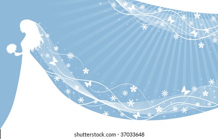 Silhouette of a bride on a blue background.