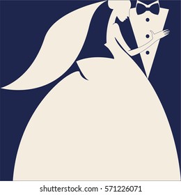 Silhouette of bride and wedding dress and groom card in elegant style invitation - vector