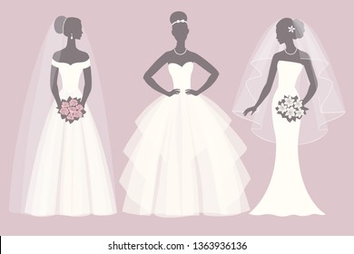 Silhouette of the brides in different dresses  set, vector illustration for greeting card, invitation, banner, flyer.