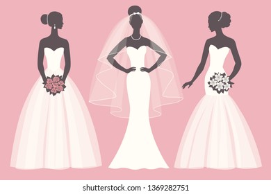 Silhouette of the brides in different dresses  set, vector illustration for greeting card, invitation, banner, flyer.