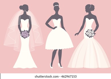 
Silhouette of the brides in different dresses  set, vector illustration for greeting card, invitation, banner, flyer.