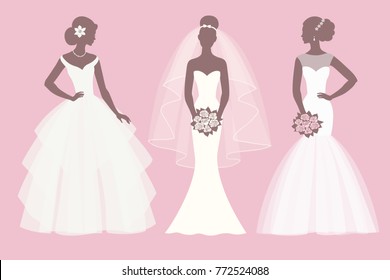 
Silhouette of the brides in different dresses  set, vector illustration for greeting card, invitation, banner, flyer.