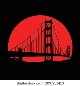 the silhouette of the bridge in front of the red sunset