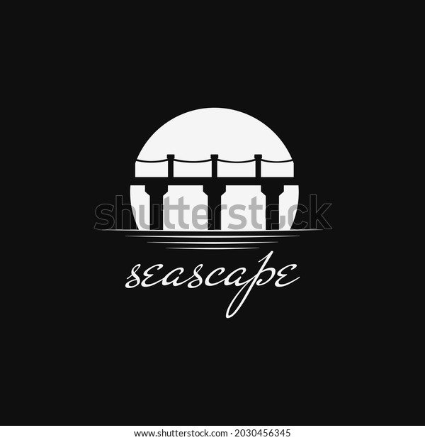 Silhouette bridge with moon or\
lunar, seascape moonlight at night sea or beach logo design\
illustration
