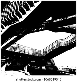 Silhouette. Bridge over river. Stairs. Vector isolated illustration. Background. Black and white.