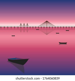 silhouette of a bridge in sea with small boats