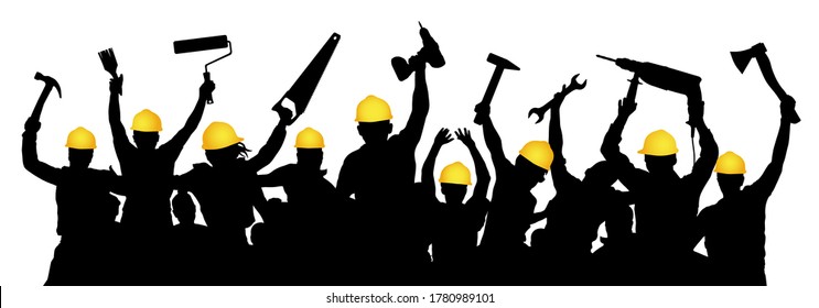 Silhouette of a brigade of construction handyman. Group of people with construction tools