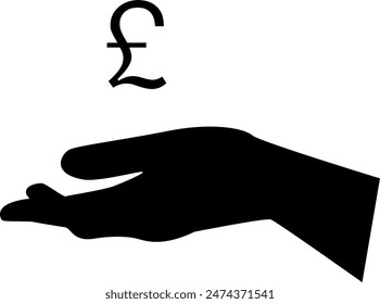 Silhouette of British pound sterling sign above an outstretched hand. Vector illustration in black color. Transparent background