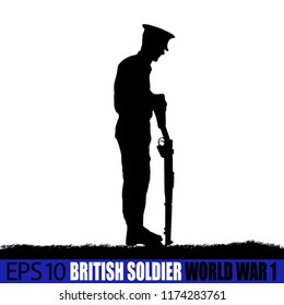 Silhouette Of A British - United Kingdom Soldier Of World War 1. On The Battlefield In 1914 - 1918. Original Digital Illustration.