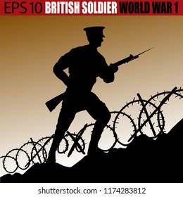 Silhouette Of A British - United Kingdom Soldier Of World War 1. On The Battlefield In 1914 - 1918. Original Digital Illustration.