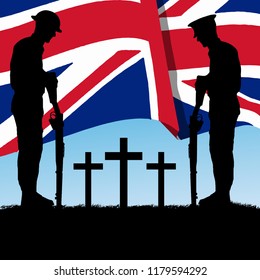 Silhouette Of A British - United Kingdom Soldier Of World War 1, 1914 - 1918. Flag Background. Original Digital Illustration.