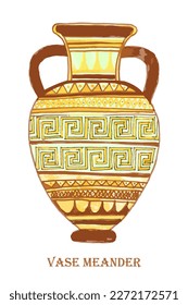 The silhouette of a broken amphora. The meander ornament. An ancient Greek vase with a sinuous pattern. An antique ceramic jug or vessel. Old pottery. Vector