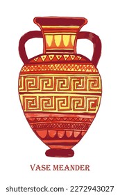 The silhouette of a broken amphora. The meander ornament. An ancient Greek vase with a sinuous pattern. An antique ceramic jug or vessel. Old pottery. Vector