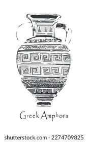 The silhouette of a broken amphora. The meander ornament. An ancient Greek vase with a sinuous pattern. An antique ceramic jug or vessel. Old pottery. Vector