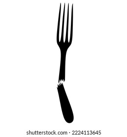 Silhouette of a broken fork on a white background. Great for cutlery logos, damaged, weathered, bent, not durable. Vector illustration