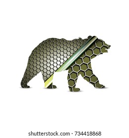 Silhouette of brown  bear with layered 3D background. Glossy chrome plates and honeycomb grid.
