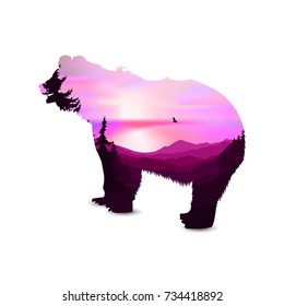 Silhouette of brown  bear with nature background of mountains panorama. Colorful sunset in wild valley. Windy sky.  Pink and violet tones.