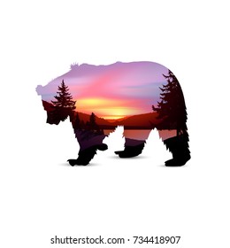 Silhouette of brown  bear with northern lights in wild terrain with lake (river) and pine forest.