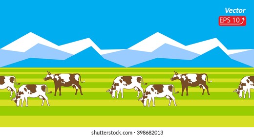 Silhouette of a brown and white cow isolated on green blue background element design border vector illustration