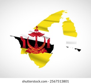 Silhouette of Brunei map filled with the Bruneian flag design, symbolizing national pride, cultural heritage, and geographic identity.  
