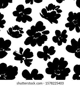 Silhouette brush flowers seamless pattern. Abstract flowers background. Peony, anemone, rose blooming. Hand drawn vector ink illustration. Monochrome ink brush vector texture. Wrapping paper, textile