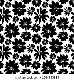 Silhouette brush flowers seamless pattern. Abstract flowers background. Hand drawn vector ink illustration. Black and white ink brush vector texture.  Chamomile, daisy, chrysanthemums blooming. 