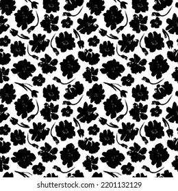 Silhouette brush flowers seamless pattern. Abstract flowers background. Peony, anemone, rose blooming. Hand drawn vector ink illustration. Monochrome ink brush vector texture. Wrapping paper, textile