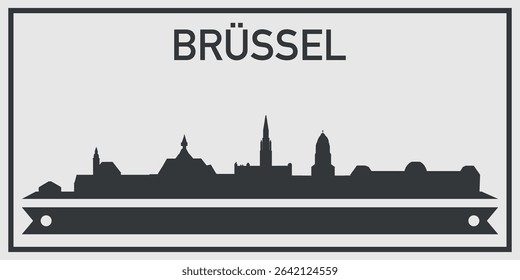 Silhouette of Brussel city skyline with minimalistic design in black and gray color scheme and decorative ribbon for text on the bottom. Vector on a gray background