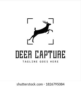 Silhouette Buck Antler Deer Jump Focus Square Lens Frame for Adventure Outdoor Nature Photography Vintage Retro Logo Design 