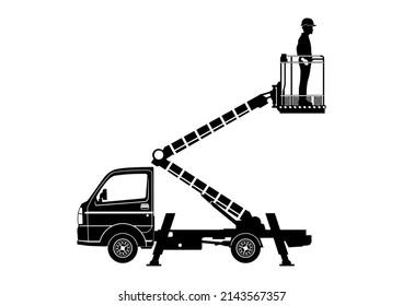 Silhouette of bucket truck. Aerial work platform with operator. Side view. Vector.	