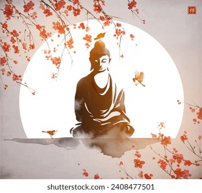 silhouette of Buddha against the moon, surrounded by blossoming cherries and birds. Traditional oriental ink painting sumi-e, u-sin, go-hua. Translation of hieroglyph - zen.