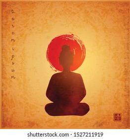 Silhouette of Buddha and big red sun on vintage background. Traditional oriental ink painting sumi-e, u-sin, go-hua. Hieroglyph - clarity.