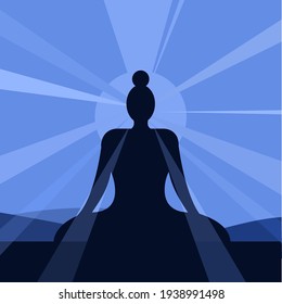 Silhouette of Buddha doing mediation surrounded by rays and halo