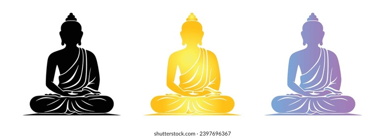 Silhouette of buddha, gradient of buddha, meditating buddha statue, vector illustration isolated on white background