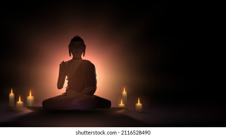 Silhouette of the Buddha in the lotus position against the background of light and candles