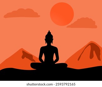 Silhouette of Buddha meditating in a desert landscape with mountains and a setting sun. Great for spiritual themes, mindfulness, Buddhism, yoga, and meditation concepts