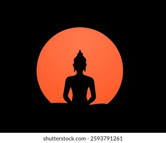 Silhouette of Buddha meditating in front of a glowing full moon. Perfect for Buddha Purnima, spirituality, meditation, enlightenment, mindfulness, and religious themes