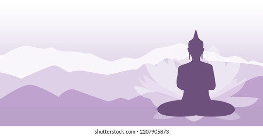 Die Silhouette eines Buddhas, der in den Bergen meditiert. Vektorgrafik