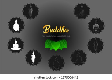 silhouette buddha monk phra set pray concentration composed release front of pho leaf religion culture faith vector illustration eps10