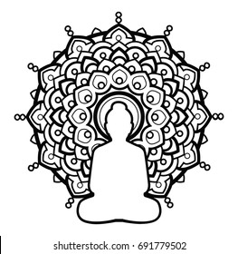 Silhouette Buddha Over Ornate Mandala Round Pattern. Indian, Buddhism, Spiritual Art. Coloring Book Pages For Adults