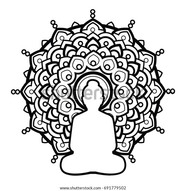 Download Silhouette Buddha Over Ornate Mandala Round Stock Vector ...