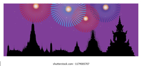 Silhouette of buddha and pagoda with beautiful fireworks