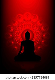 Silhouette Buddha Siddhartha gautama with abstract mandala star on red aura background.