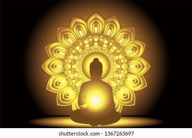 Silhouette Buddha Siddhartha gautama with golden abstract star and background Light glowing