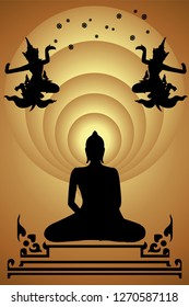 silhouette buddha Siddhartha gautama and two angel on gold background