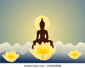 Silhouette buddha sit on gold lotus with dark blue background