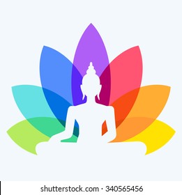 Silhouette of Buddha sitting on a lotus flower background. Yoga logotype - man in a lotus position