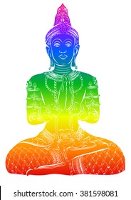 Silhouette of Buddha sitting on a white background
