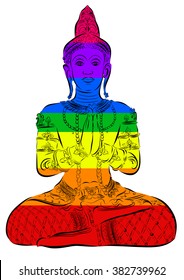 Silhouette of Buddha sitting on a white background