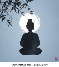 Silhouette of Buddha sitting under the bamboo tree and the Moon on blue night sky background. Traditional oriental ink painting sumi-e, u-sin, go-hua. Hieroglyph - clarity